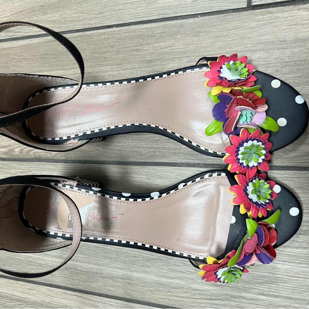 Betsey Johnson Black Sandals with Colorful Floral Accents